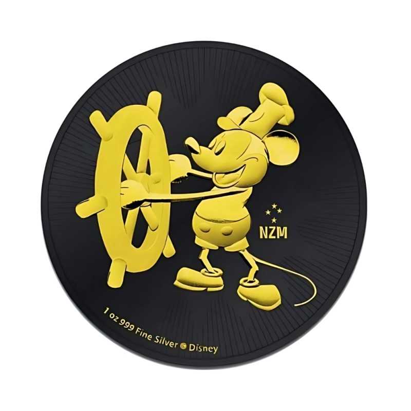 Moneda de Plata Steamboat Willie Mickey Mouse 1 Oz – Rutenio Negro y Oro Disney 2$ Niue 2017